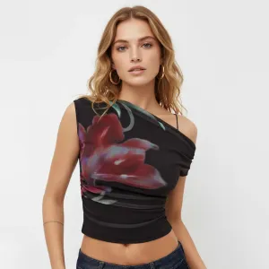 Women Fashion Sexy Summer Flower Printed Perspective Stretch Pleated Crop Top