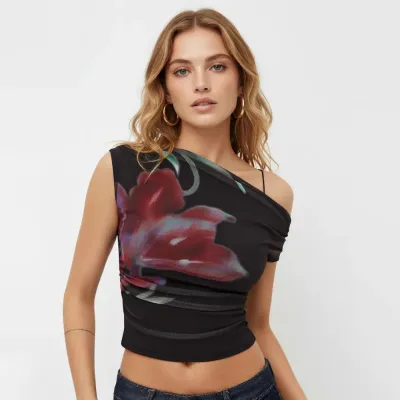 Women Fashion Sexy Summer Flower Printed Perspective Stretch Pleated Crop Top