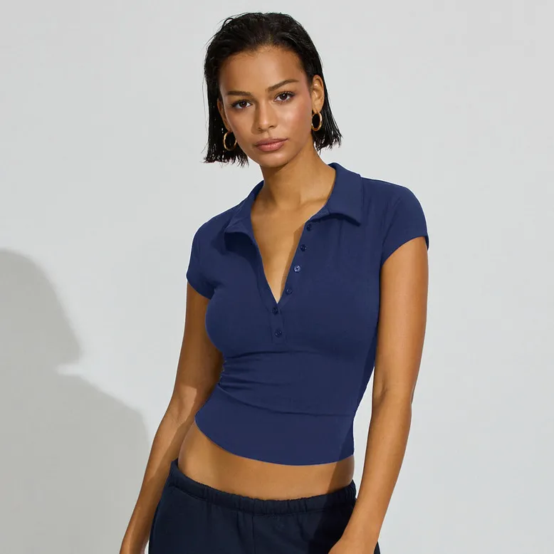 Women Fashion Summer Solid Color Polo Collar Button Short-Sleeve Tight Crop Top