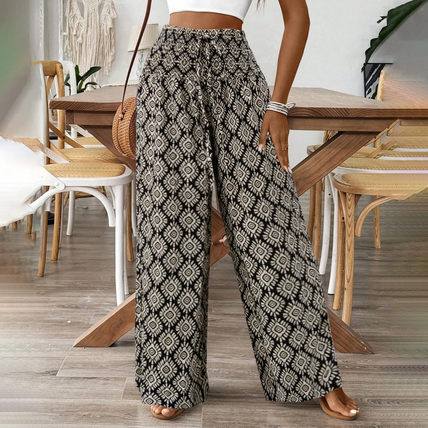 Women Fashion Casual Boho Printed High Waist Wide Leg Pants