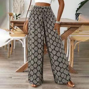 Women Fashion Casual Boho Printed High Waist Wide Leg Pants