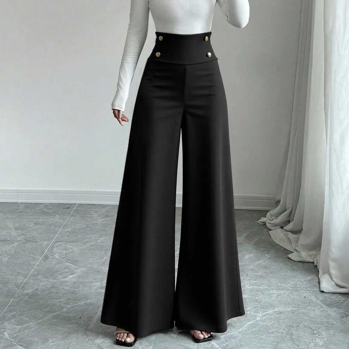 Women Fashion Solid Color Metal Button Decorative High-Waist Wide-Leg Pants
