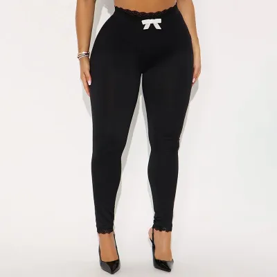 Women Fashion Sexy Leopard Printed Lace High Waist Stretch Pants