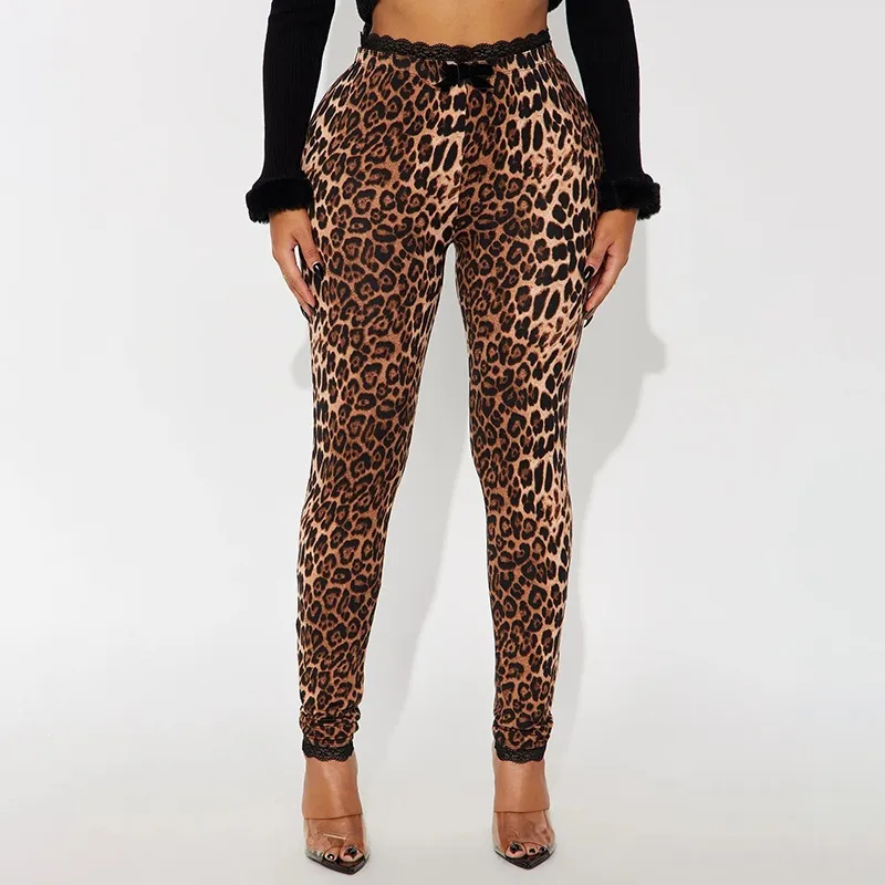 Women Fashion Sexy Leopard Printed Lace High Waist Stretch Pants