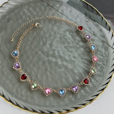Women Fashion Multicolor Rhinestone Heart-Shaped Clavicle Chain Necklace