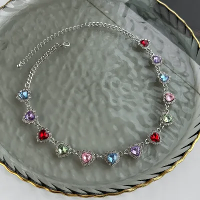 Women Fashion Multicolor Rhinestone Heart-Shaped Clavicle Chain Necklace