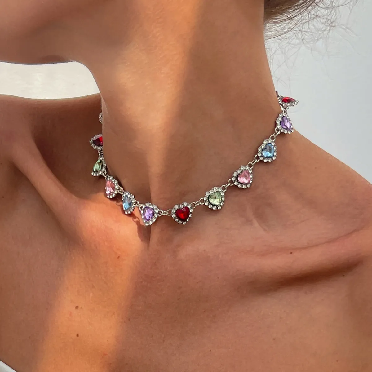 Women Fashion Multicolor Rhinestone Heart-Shaped Clavicle Chain Necklace