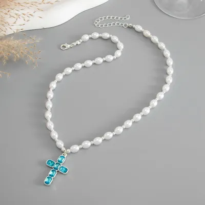 Women Fashion Elegant Imitation Pearl Clavicle Chain Rhinestone Pendant Necklace