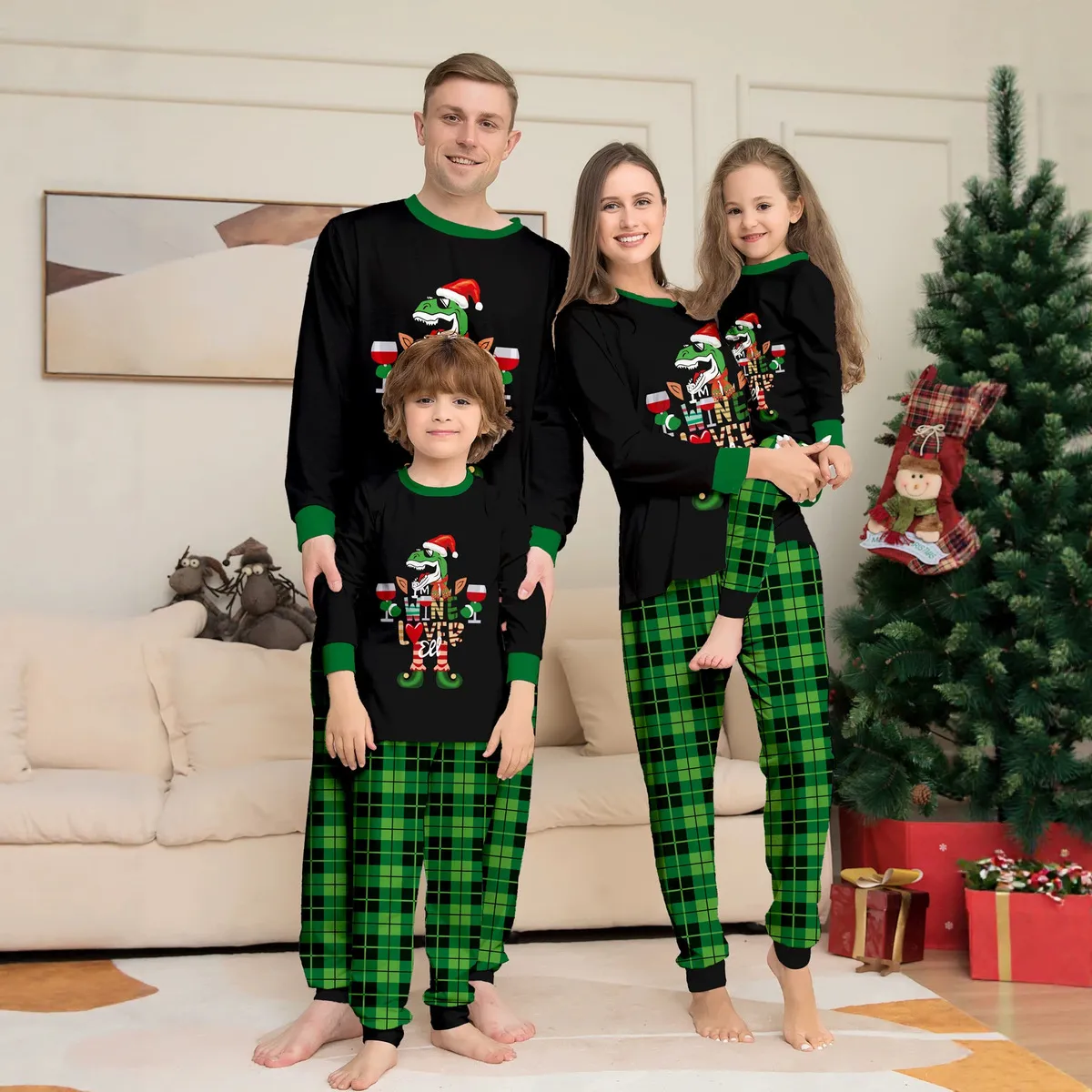 Fashion Cartoon Christmas Dinosaur Print Round Neck Long Sleeve Family Matching Pajamas Set