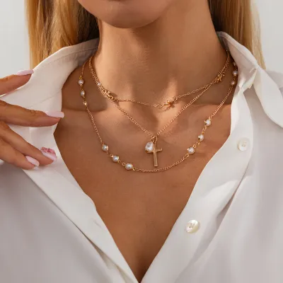 Women Fashion Pearl Cross Pendant Multi-Layer Stacked Necklace