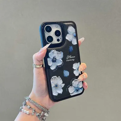 Women Fashion Oil Painting Blue Floral Leather Pattern Iphone Case