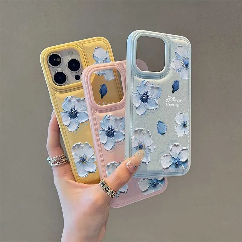 Women Fashion Oil Painting Blue Floral Leather Pattern Iphone Case