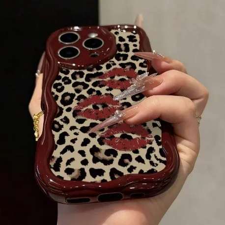 Women Fashion Retro Leopard Red Lip Wave Iphone Case