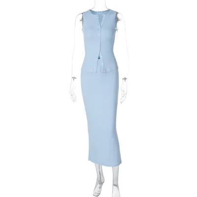 Women Fashion Elegant Solid Color Pit Sleeveless Buckle Cardigan Maxi Skirt Two-Piece Set