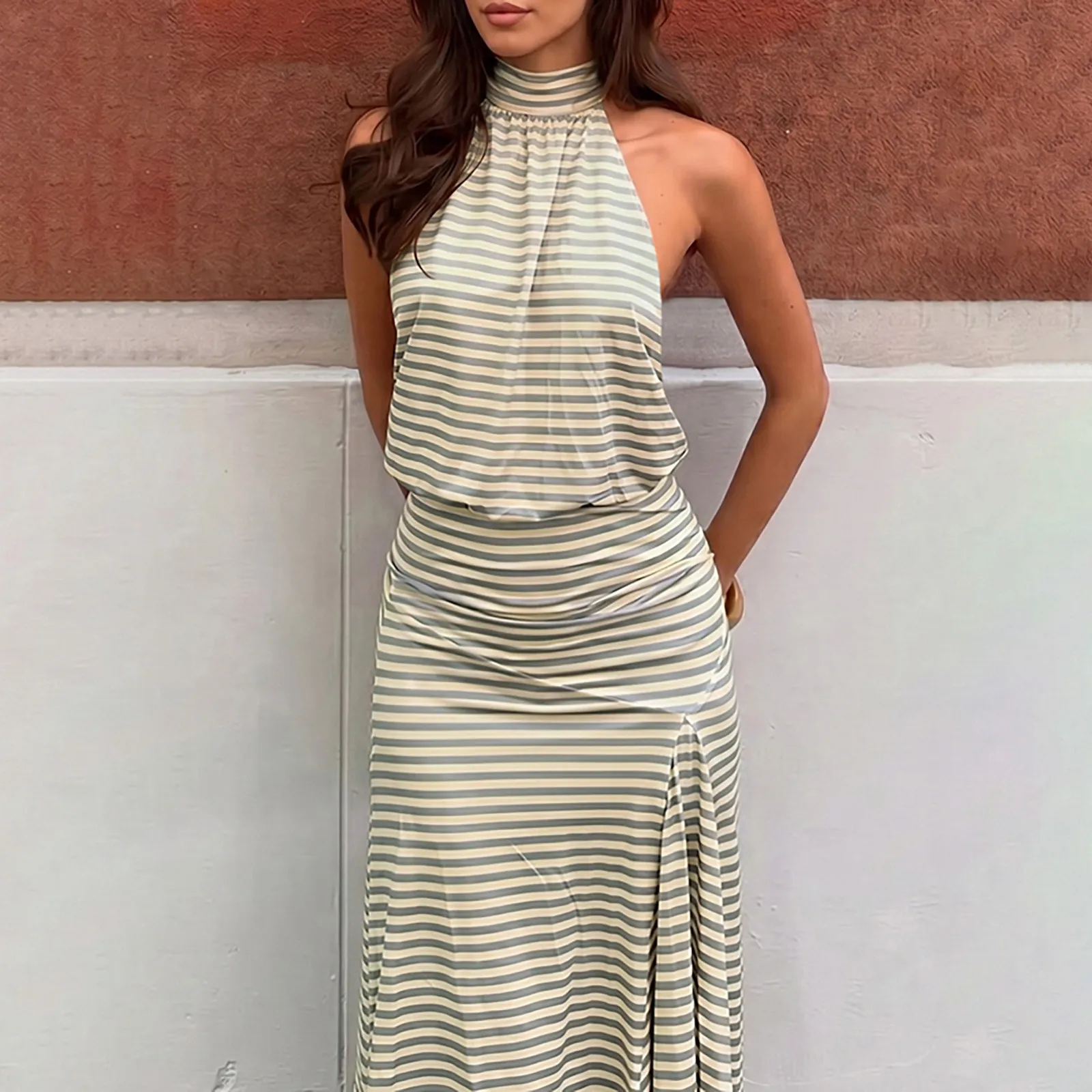 Women Fashion Sexy Summer Stripe Backless Crop Top Irregular Midi Skirt Two-Piece Set