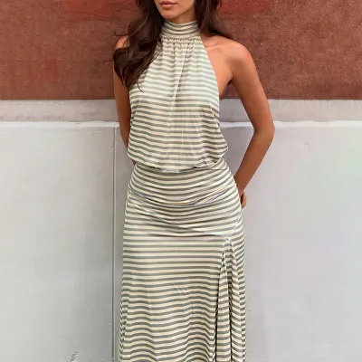 Women Fashion Sexy Summer Stripe Backless Crop Top Irregular Midi Skirt Two-Piece Set