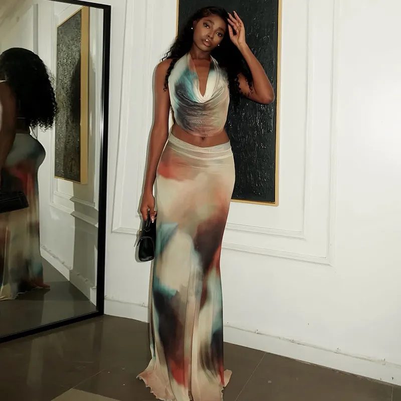 Women Fashion Sexy Summer Tie-Dye Swing Collar Sleeveless Backless Crop Top Maxi Skirt Two-Piece Set