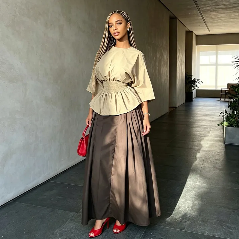 Women Fashion Elegant Solid Color Long-Sleeve Tight Waist Blouse High Waist Maxi Skirt African Two-Piece Set