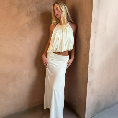 Women Fashion Sexy Summer Solid Color Halter-Neck Backless Crop Top Low Waist Maxi Skirt Two-Piece Set