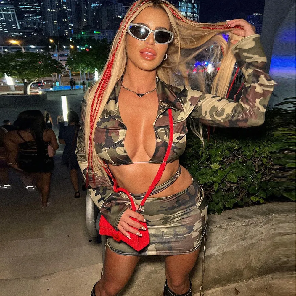 Women Fashion Sexy Camouflage Lapel Long-Sleeve Lace-Up Crop Top Mini Skirt Two-Piece Set