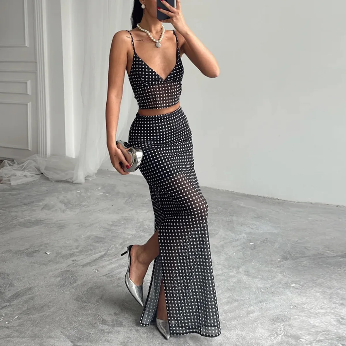 Women Fashion Sexy Summer Polka Dot Print Camisole Maxi Skirt Two-Piece Set