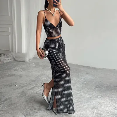 Women Fashion Sexy Summer Polka Dot Print Camisole Maxi Skirt Two-Piece Set