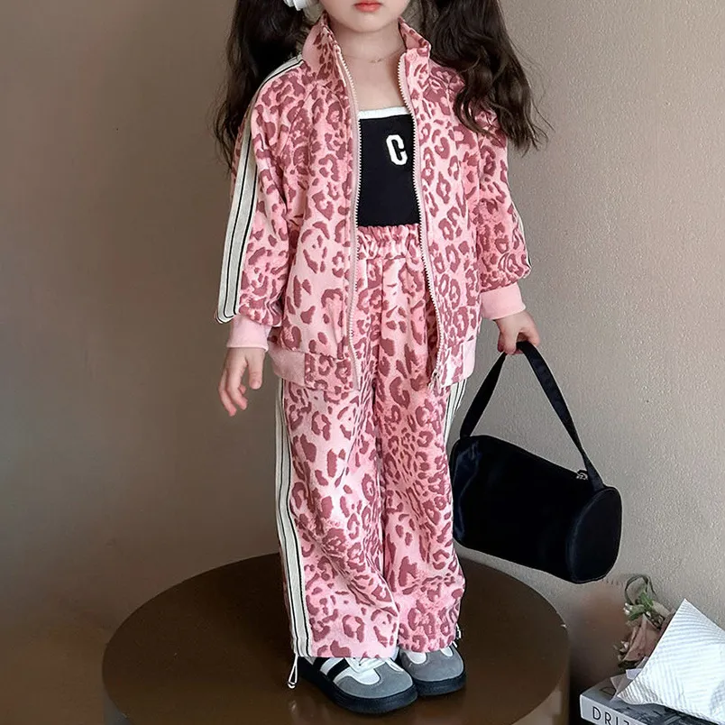 Kids Girls Fashion Casual Spring And Autumn Leopard Long-Sleeve Zipper Coat Pants Two-Piece Set