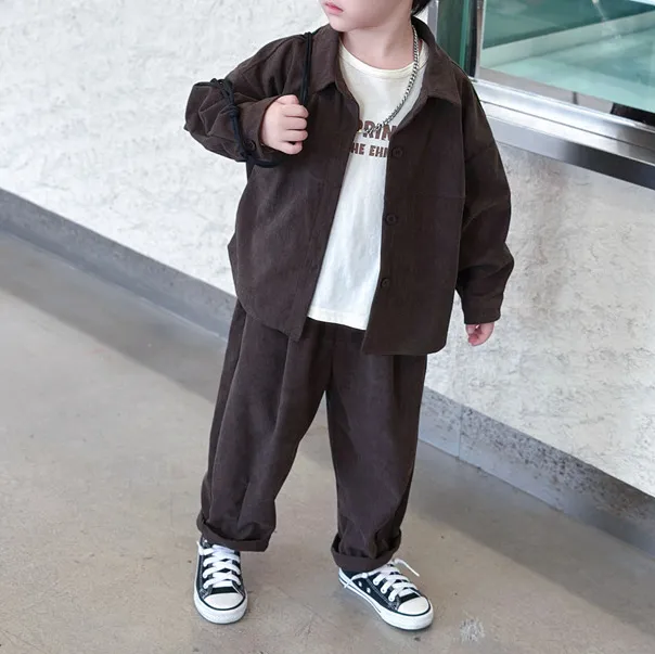 Kids Boys' Fashion Casual Spring And Autumn Corduroy Lapel Long-Sleeve Coat Pants Two-Piece Set