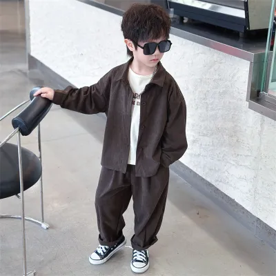 Kids Boys' Fashion Casual Spring And Autumn Corduroy Lapel Long-Sleeve Coat Pants Two-Piece Set