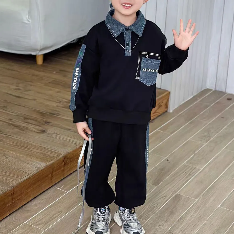 Kids Boy'S Fashion Casual Spring And Autumn Stitching Lapel Long-Sleeve Sweatshirt Pants Two-Piece Set