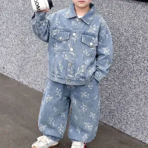 Kids Boys' Fashion Casual Spring And Autumn Printed Lapel Long-Sleeve Jacket Jeans Denim Two-Piece Set