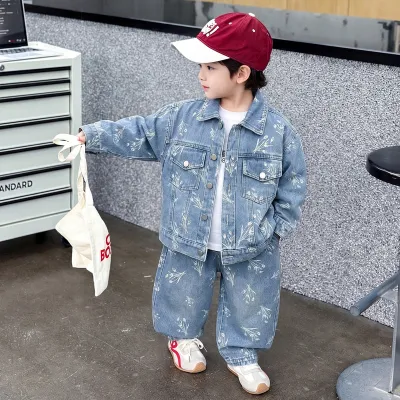 Kids Boys' Fashion Casual Spring And Autumn Printed Lapel Long-Sleeve Jacket Jeans Denim Two-Piece Set