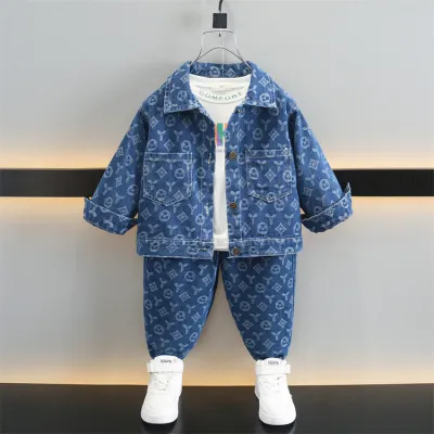Kids Boys' Fashion Casual Spring And Autumn Jacquard Lapel Long-Sleeve Jacket Jeans Denim Two-Piece Set