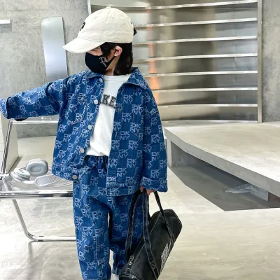 Kids Boys' Fashion Casual Spring And Autumn Jacquard Lapel Long-Sleeve Jacket Jeans Denim Two-Piece Set
