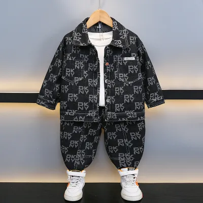 Kids Boys' Fashion Casual Spring And Autumn Jacquard Lapel Long-Sleeve Jacket Jeans Denim Two-Piece Set