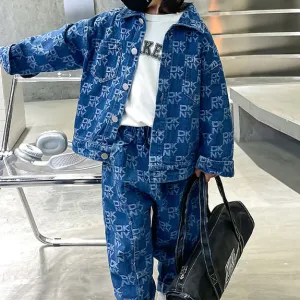 Kids Boys' Fashion Casual Spring And Autumn Jacquard Lapel Long-Sleeve Jacket Jeans Denim Two-Piece Set