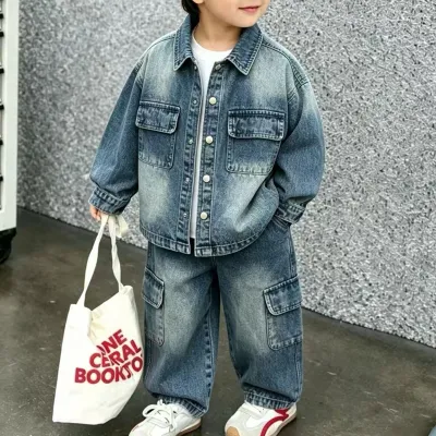 Kids Boy'S Fashion Casual Spring And Autumn Lapel Long-Sleeve Jacket Jeans Denim Two-Piece Set