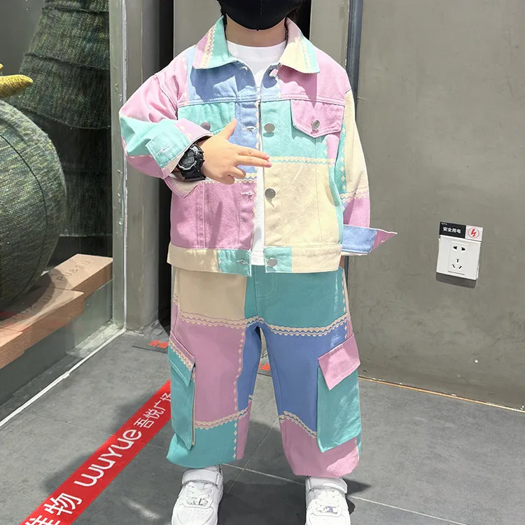 Kids Boys' Fashion Casual Spring And Autumn Multicolor Lapel Long-Sleeve Jacket Jeans Denim Two-Piece Set