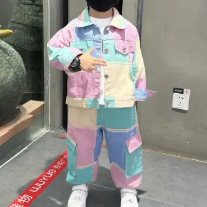 Kids Boys' Fashion Casual Spring And Autumn Multicolor Lapel Long-Sleeve Jacket Jeans Denim Two-Piece Set