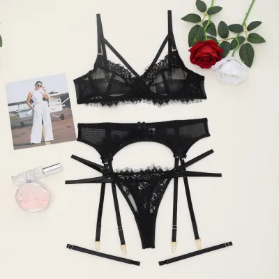 Women Fashion Solid Color Lace Perspective Sexy Lingerie Set
