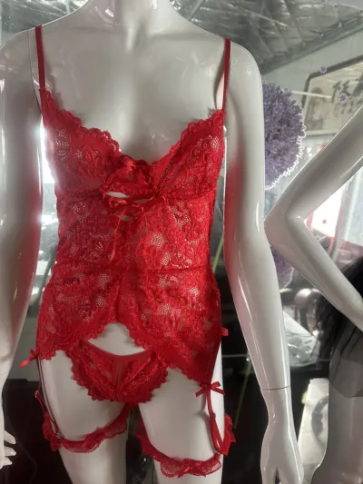 Women Fashion Solid Color Lace Hollow Perspective Slim-Fit Sexy Lingerie Set