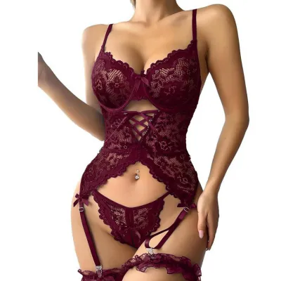 Women Fashion Solid Color Lace Hollow Perspective Slim-Fit Sexy Lingerie Set