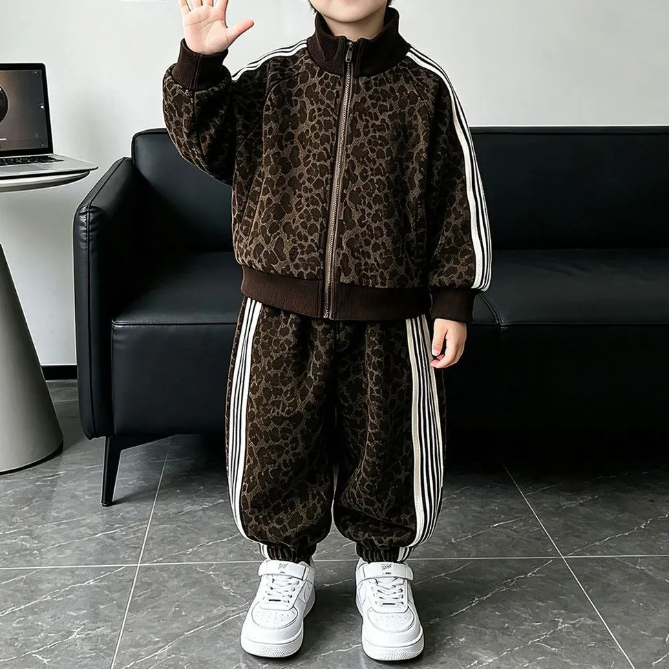 Kids Boys' Fashion Casual Spring And Autumn Leopard Long-Sleeve Zipper Jacket Pants Two-Piece Set