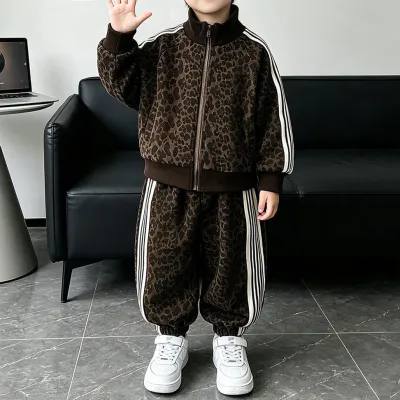 Kids Boys' Fashion Casual Spring And Autumn Leopard Long-Sleeve Zipper Jacket Pants Two-Piece Set