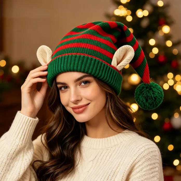 Christmas Fashion Cute Stripe Fur Ball Ear Wool Hat Warm Elf Ear Knitted Hat