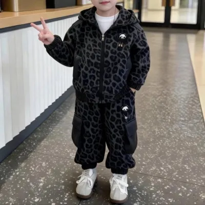 Kids Boys Fashion Casual Spring And Autumn Leopard Long-Sleeve Zipper Jacket Pants Two-Piece Set