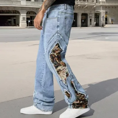 Men'S Fashion Casual Embroidery Stitching Straight Jeans