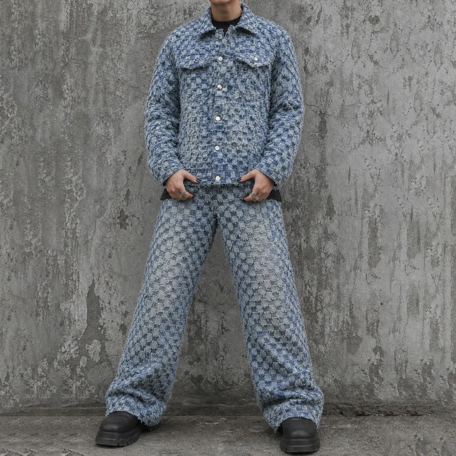 Men'S Fashion Casual Rake-Edged Washed Lapel Long-Sleeve Denim Jacket Straight Jeans Two-Piece Set