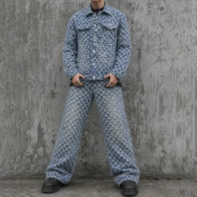 Men'S Fashion Casual Rake-Edged Washed Lapel Long-Sleeve Denim Jacket Straight Jeans Two-Piece Set