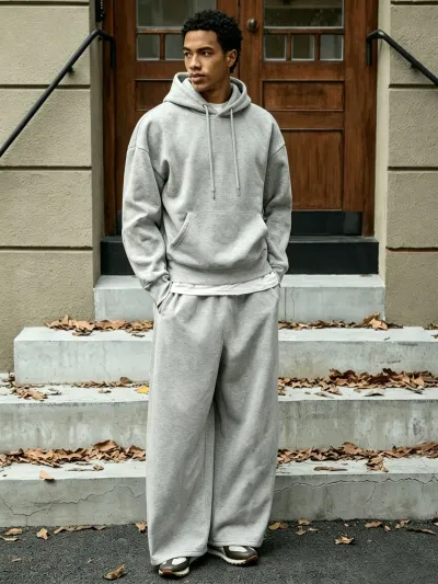 Men'S Fashion Casual Autumn Solid Color Fleece-Lined Long-Sleeve Hoodies Wide-Leg Pants Two-Piece Set